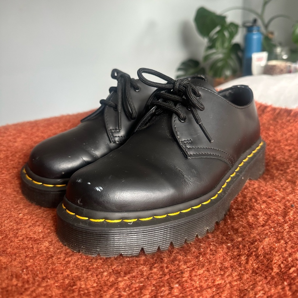 Dr. Martens Black Leather Platform Oxfords with Yellow Stitching